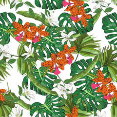 Seamless vector pattern of hand drawn flowers and leaves. Tropical background.