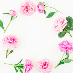 Frame of pink flowers - roses and peonies on white background. Floral composition. Flat lay, top view.