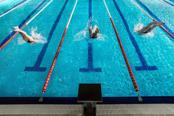 Rear view of three male swimmers diving into a pool