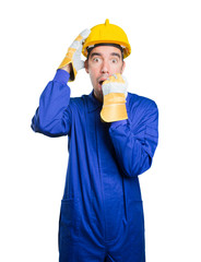 Stressed workman on white background