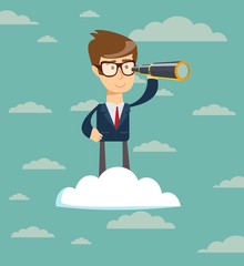 successful businessman with telescope on cloud . Business Vision Concept.