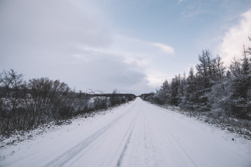 Fototapeta na wymiar Empty snowy driving road in the East Iceland