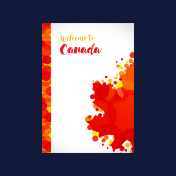 Welcome to Canada cover. Abstract composition, colored Canadian flag elements. Maple leaf, white background, bright celebrating colors. A4 standard paper size, brochure title sheet, calligraphic text.