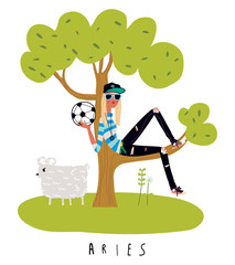 Aries girl horoscope sign as a football player girl sitting on the tree branch. Sheep on the background. Vector illustration.