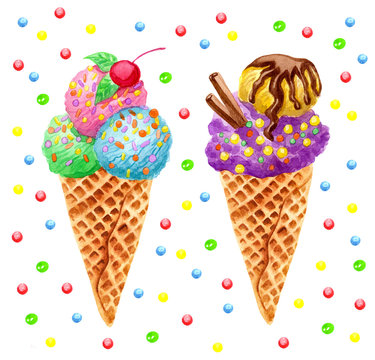 ice cream watercolor hand drawn illustration. Two ice cream isolated on white