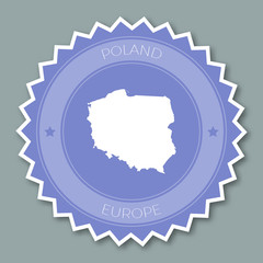 Fototapeta premium Poland badge flat design. Round flat style sticker of trendy colors with country map and name. Country badge vector illustration.