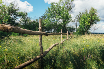 Fototapeta premium Wooden fence among green grass and trees