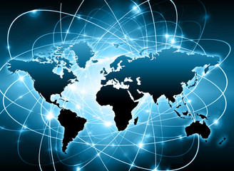 Fototapeta na wymiar World map on a technological background, glowing lines symbols of the Internet, radio, television, mobile and satellite communications.