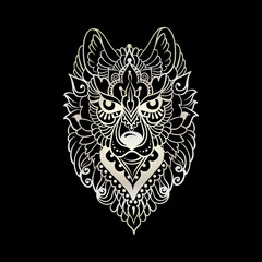 Tribal ethnic wolf, detailed colorful ornamental pattern, hand drawn abstract artwork in line art graphic style, black and white vector illustration