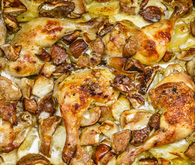 Baked chicken drumsticks with potatoes and mushrooms,closeup