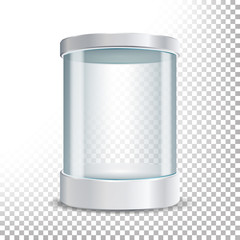 Transparent Glass Museum Showcase Podium. Mock Up Capsule Box, Object In Form Cylinder For Exhibition. Vector Realistic Illustration