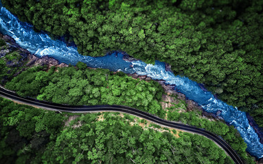 Aerial view of Mountain river and road. Mountain gorge. gorge of the White river. Caucasus, Russia