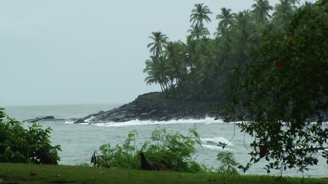 Stormy waves crash ashore on Devils Island Penal Colony in French Guiana