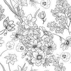 Seamless pattern with poppy flowers daffodil, anemone, violet in