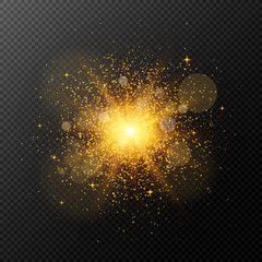 A bright golden flash with magical dust is isolated on a transparent background. Christmas fire. Flash, highlight for your project. Footage for photos and video. Vector illustration