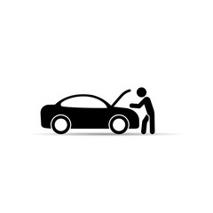 Repairman near the car icon. Car repair service icon. Vector.