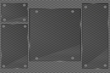 Glass plates set. Vector glass banners on transparent background.