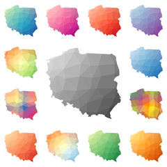 Obraz premium Poland geometric polygonal, mosaic style maps collection. Bright abstract tessellation, low poly style, modern design. Poland polygonal maps for your infographics or presentation.