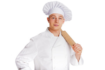 Chef isolated over white background with dough.