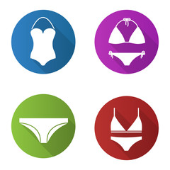 Women's underwear flat design long shadow icons set