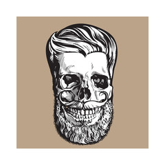 Hand drawn human skull with hipster hairdo, beard and moustache, black and white sketch style vector illustration isolated on brown background. Hand drawing of human skull with hipster hair