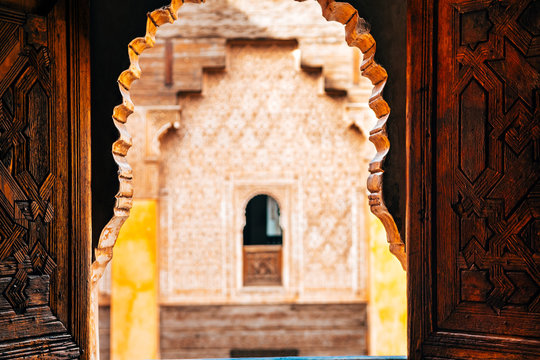 arab style window and door at ben youssef medersa, morocco