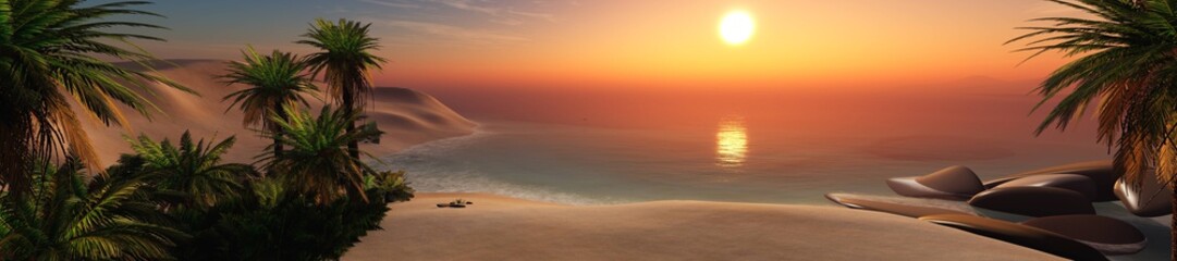 Fototapeta na wymiar Tropical beach Ocean beach with palm trees on sunset background Sun over the sea 