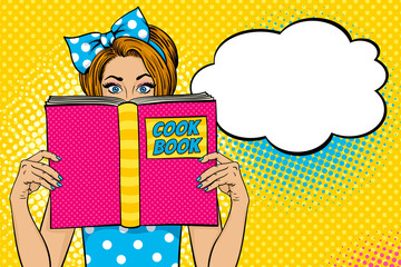 Wow female face. Sexy young woman housewife with wide open eyes and bow on her head holding big Cook Book. Vector colorful background in pop art retro comic style. Party invitation poster. - 161221059