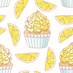 Hand drawn seamless pattern with doodle cupcake and lemon buttercream. Food background