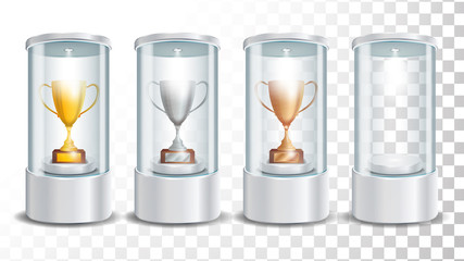 Transparent Glass Museum Showcase Podium With Golden, Silver, Bronze Cup, Spotlight And Sparks. Mock Up Capsule Box For Award Ceremonies. Vector Illustration