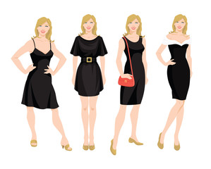 Vector illustration of young women in different models of little black dress. Blondy girl in different pose on white background
