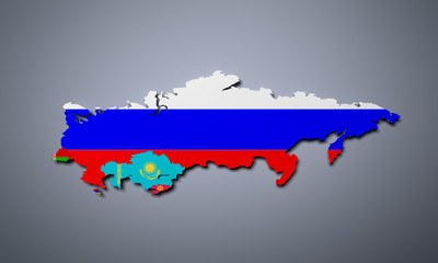 Schematic map of the member states of Eurasian Economic Union (EAU) National flags Russia Belarus Kazakhstan and Armenia on grey background 3d render