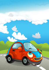 Obraz na płótnie Canvas Cartoon sports car smiling and looking on the road - illustration for children
