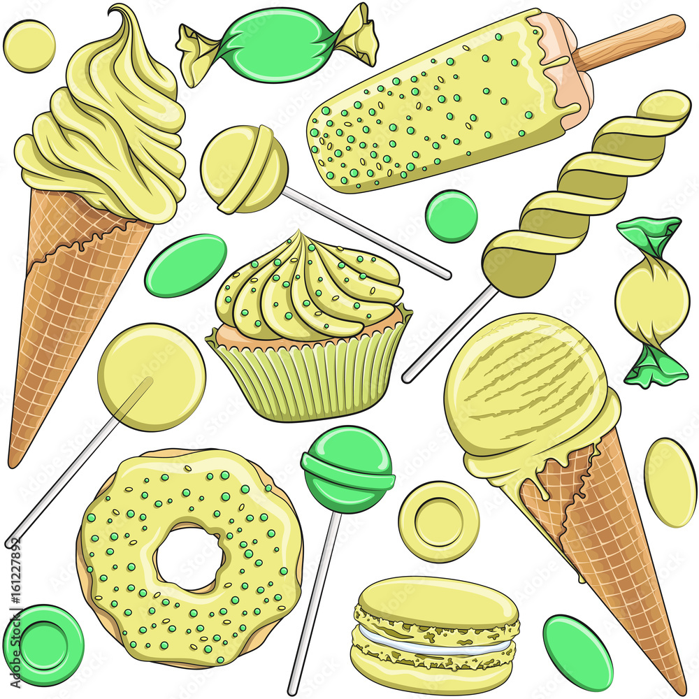 Poster seamless pattern with yellow and green sweets. isolated vector objects on white background.
