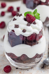 Trifle dessert with brownie, cream cheese frosting and raspberry in a glass
