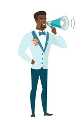 Fototapeta premium African-american groom talking into loudspeaker.