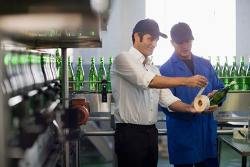 Workers examining bottles in factory