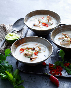 Bowls of fish and vegetable soup