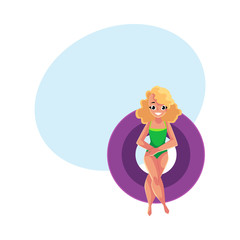 Young blond haired girl, woman in one piece swimsuit resting on floating inflatable ring, top view cartoon vector illustration with space for text. Happy woman, girl on inflatable ring