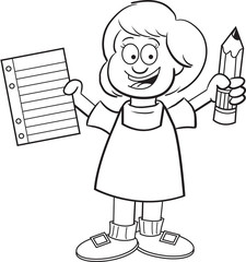 Black and white illustration of a girl holding a paper and a pencil.
