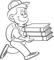 Black and white illustration of a boy carrying books.