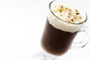 Irish coffee in glass isolated on white background
