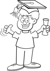 Black and white illustration of a boy in a graduation cap holding a diploma and giving thumbs up.