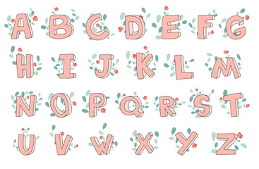 Vector hand-drawn cute alphabet with floral decoration. 3D doodle letters. ABC font for kids.