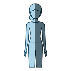 blue color shading silhouette faceless front view woman with pants and collected hair vector illustration