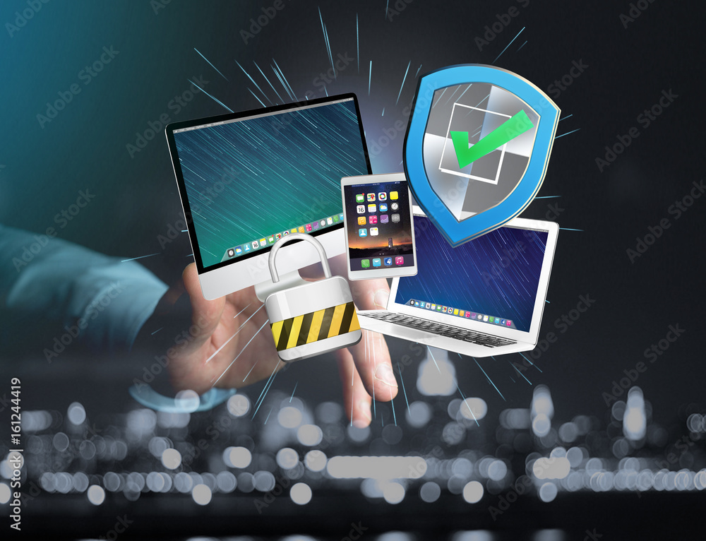 Poster shield symbol surrounded by padlock and devices displayed on a futuristic interface - security and i