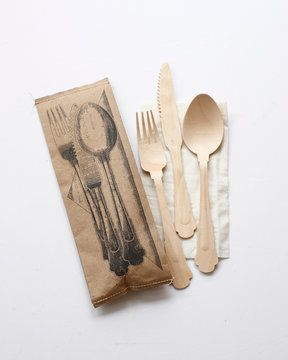 Still life of disposable bamboo cutlery