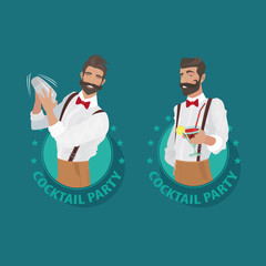 Set of emblems Cocktail Party. Cheerful and mustachioed bartender hipster with suspenders and red bow tie prepares cocktail and offers it to the viewer