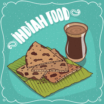 Traditional food, dish of Indian cuisine, pieces of flatbread Roti, Naan, Chapati, Papadum or Paratha, on banana leaf plate and masala chai tea. Hand drawn comic style