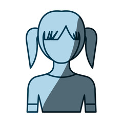 blue color shading silhouette faceless half body girl with pair pigtails hairstyle vector illustration